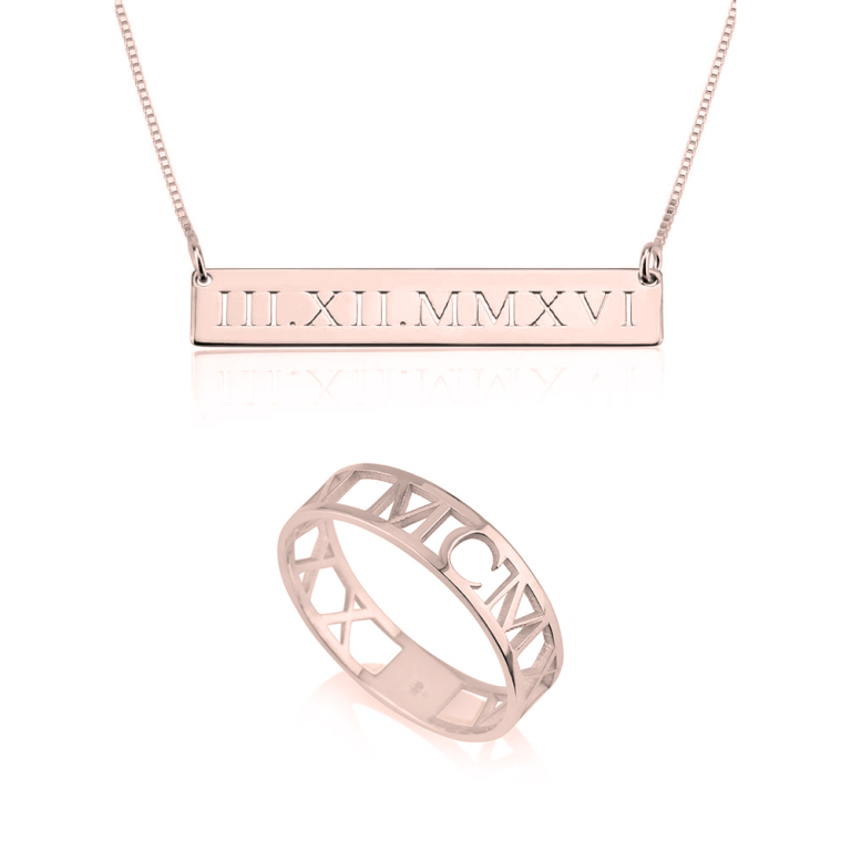 Set Collier et Bague avec Date en Chiffres Romains