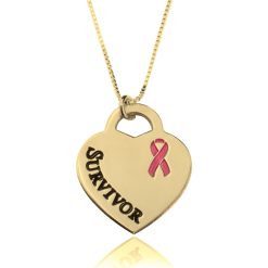 Collier Cœur Ruban Rose Gravé Survivor