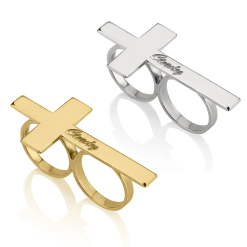 Bague Deux Doigts avec Croix et Prénom