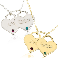 Collier Double Cœur Gravés avec Pierres de Naissance