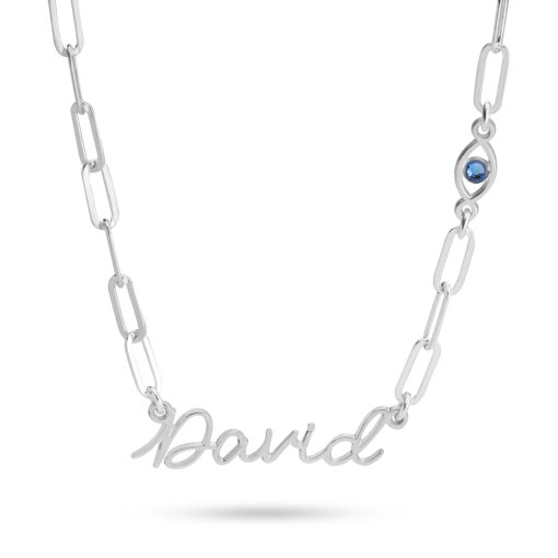 Collier Prénom et Œil bleu avec Chaîne Trombone