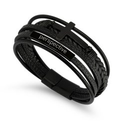 Bracelet Croix Homme personnalisé en cuir noir avec barre gravée