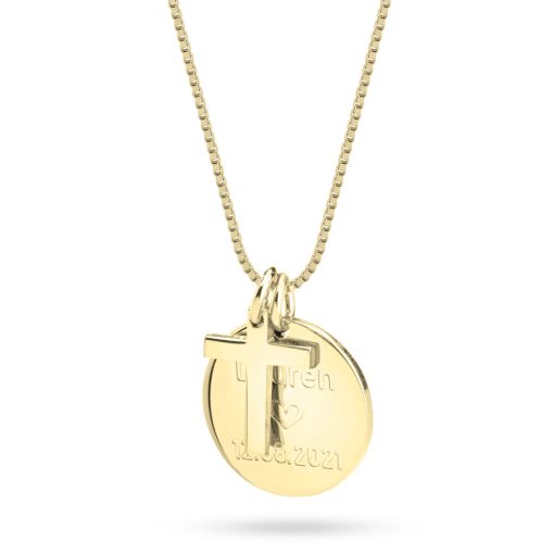 Collier Petite Croix avec Pendentif Rond Gravé