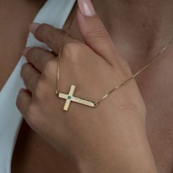 Engraved Cross Necklace With Birthstone