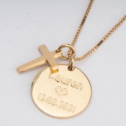 Engraved round pendant and cross