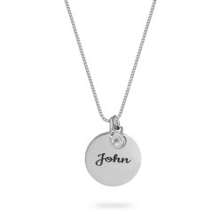 Collier Médaillon Gravé avec Diamant en argent 925 - diamètre 15 mm - vue principale