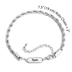 Bracelet Homme Maille Corde Gravé en acier inoxydable finition argent dimensions . Longueur 19 cm + 5 cm