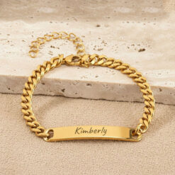 Bracelet Gourmette Identité Maille Cubaine en acier inoxydable finition doré. Gourmette éclatante pour elle ou lui